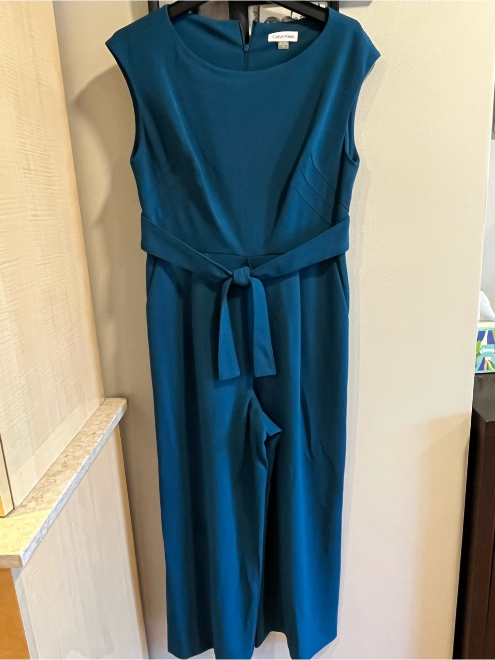 Calvin Klein Teal Sleeveless Belted Wide-Leg Jumpsuit